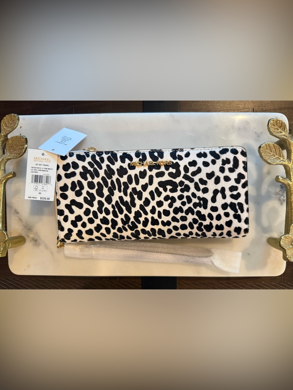 BRAND NEW Michael Kors Large Continental Wristlet Wallet in Cream Calf Hair